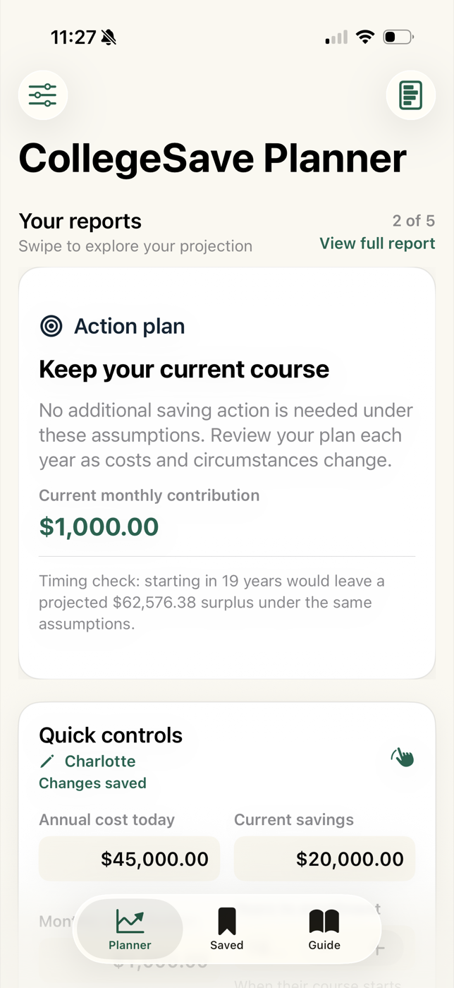 CollegeSave Planner Action plan report