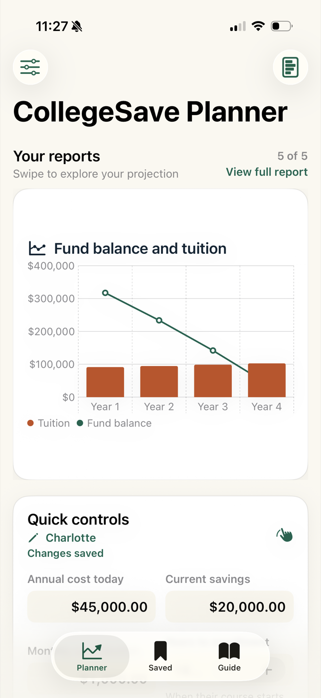 CollegeSave Planner showing a fund balance and tuition chart