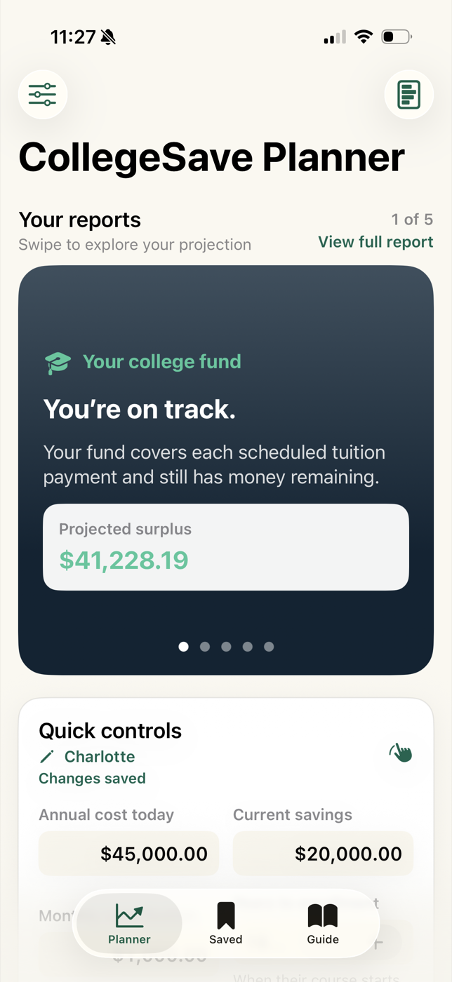 CollegeSave Planner showing a college fund projection and quick planning controls