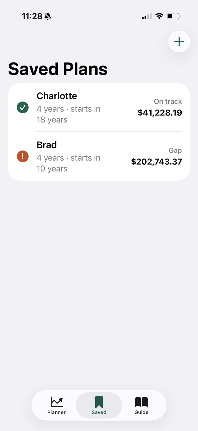 CollegeSave Planner Saved Plans screen