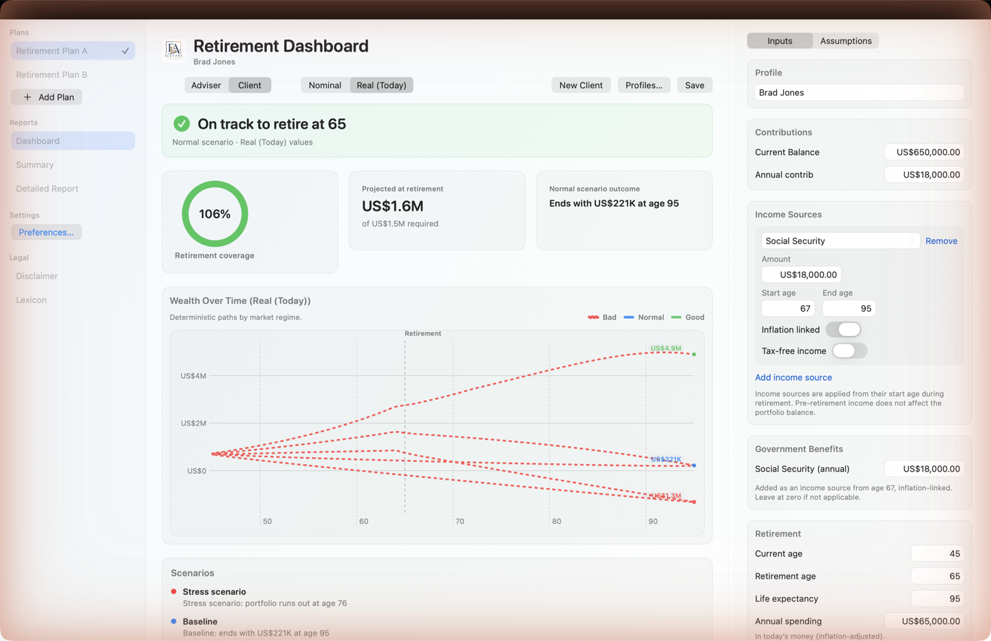 Retirement Dashboard client view showing retirement income and portfolio balance