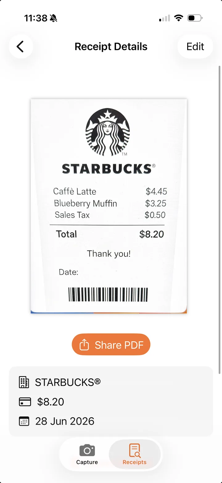 ClearCapture receipt details showing the captured merchant, amount and date