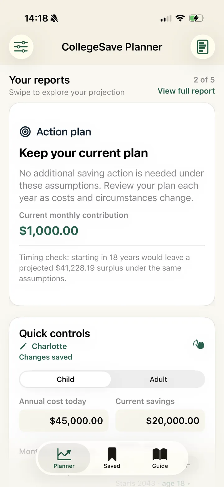 CollegeSave Planner Action plan report