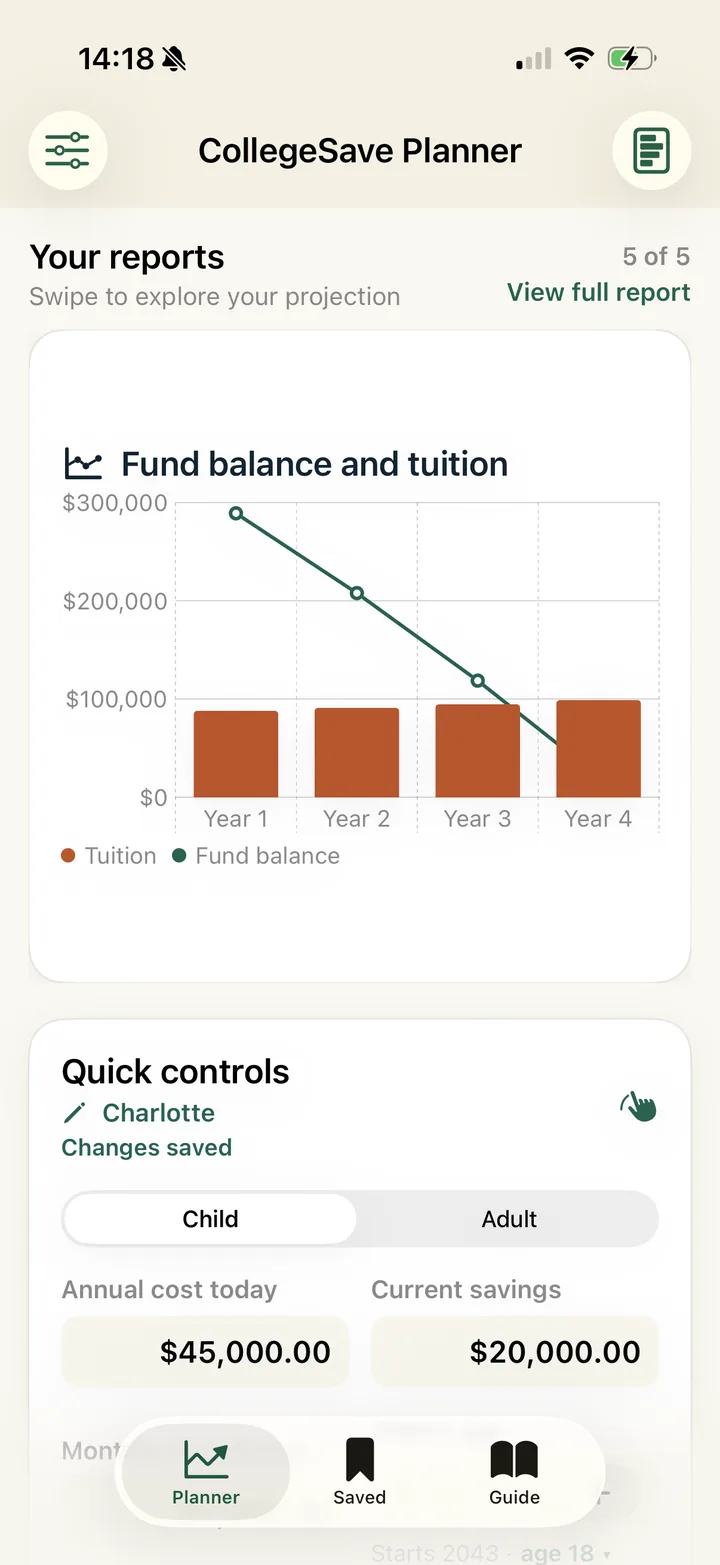 CollegeSave Planner showing a fund balance and tuition chart