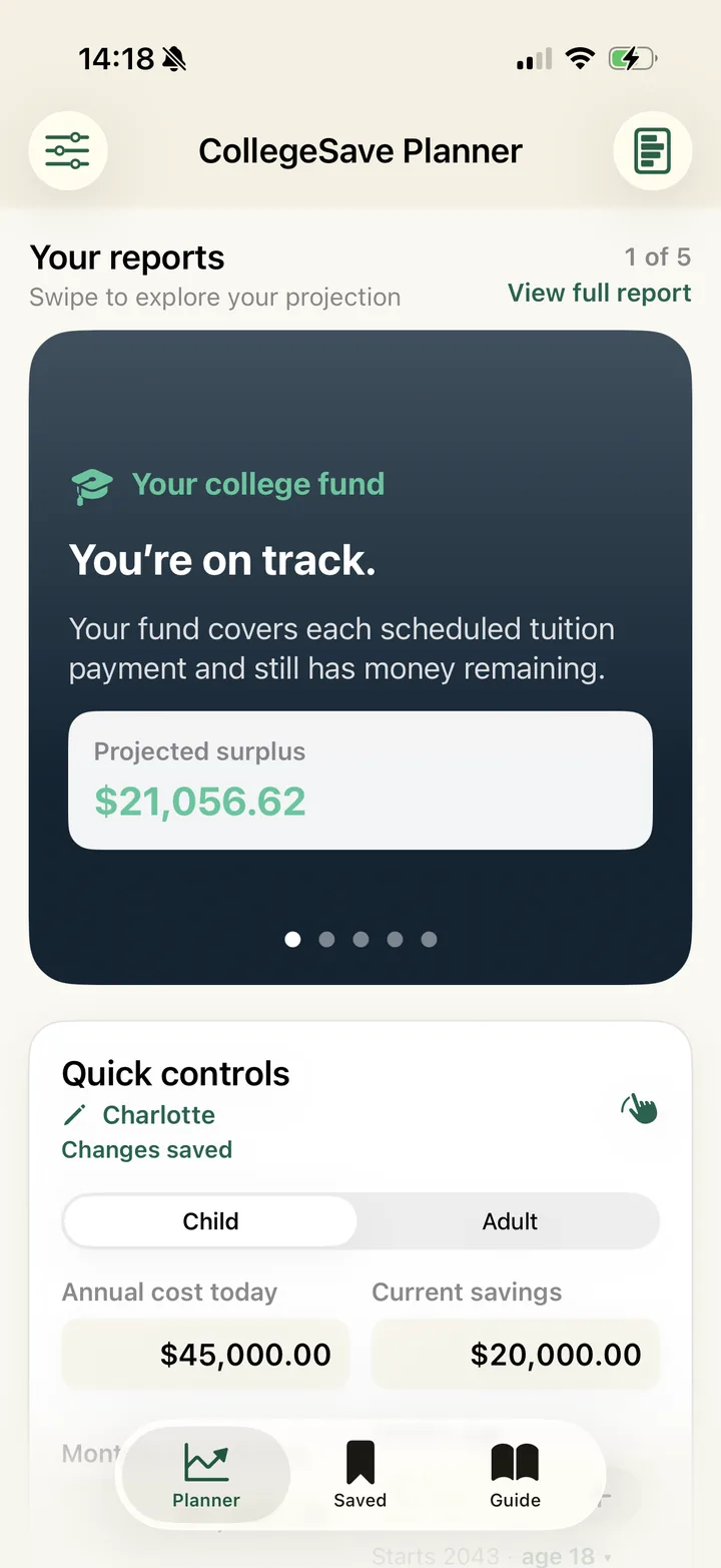 CollegeSave Planner on iPhone showing you're on track