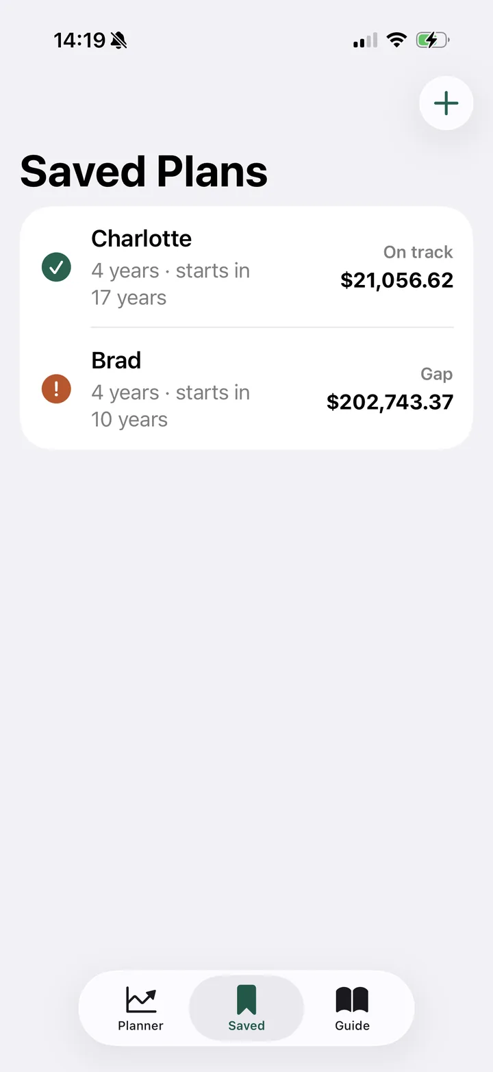 CollegeSave Planner Saved Plans screen