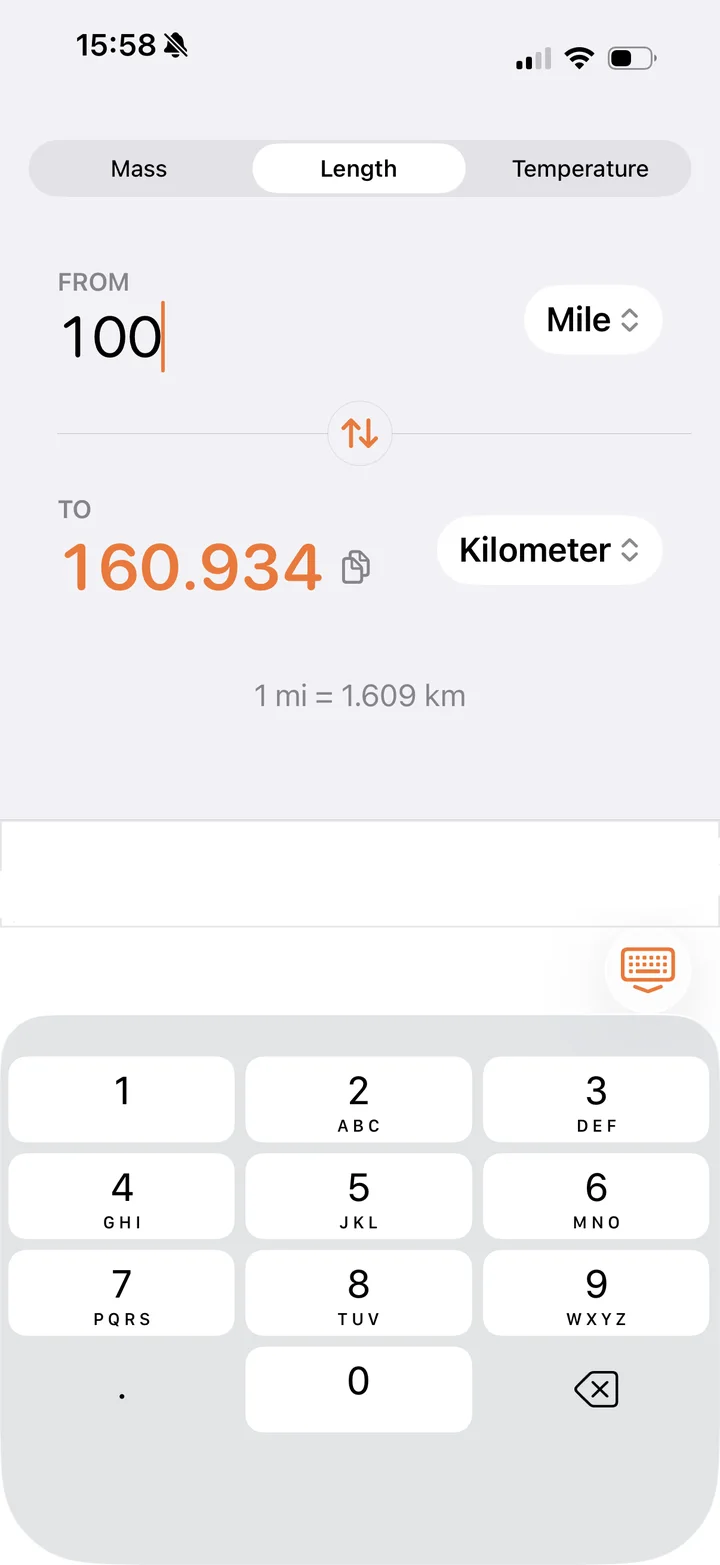 Convert Smart converting 100 miles to kilometers on iPhone