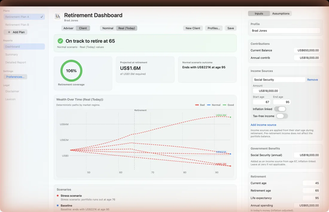 Retirement Dashboard client view showing retirement income and portfolio balance